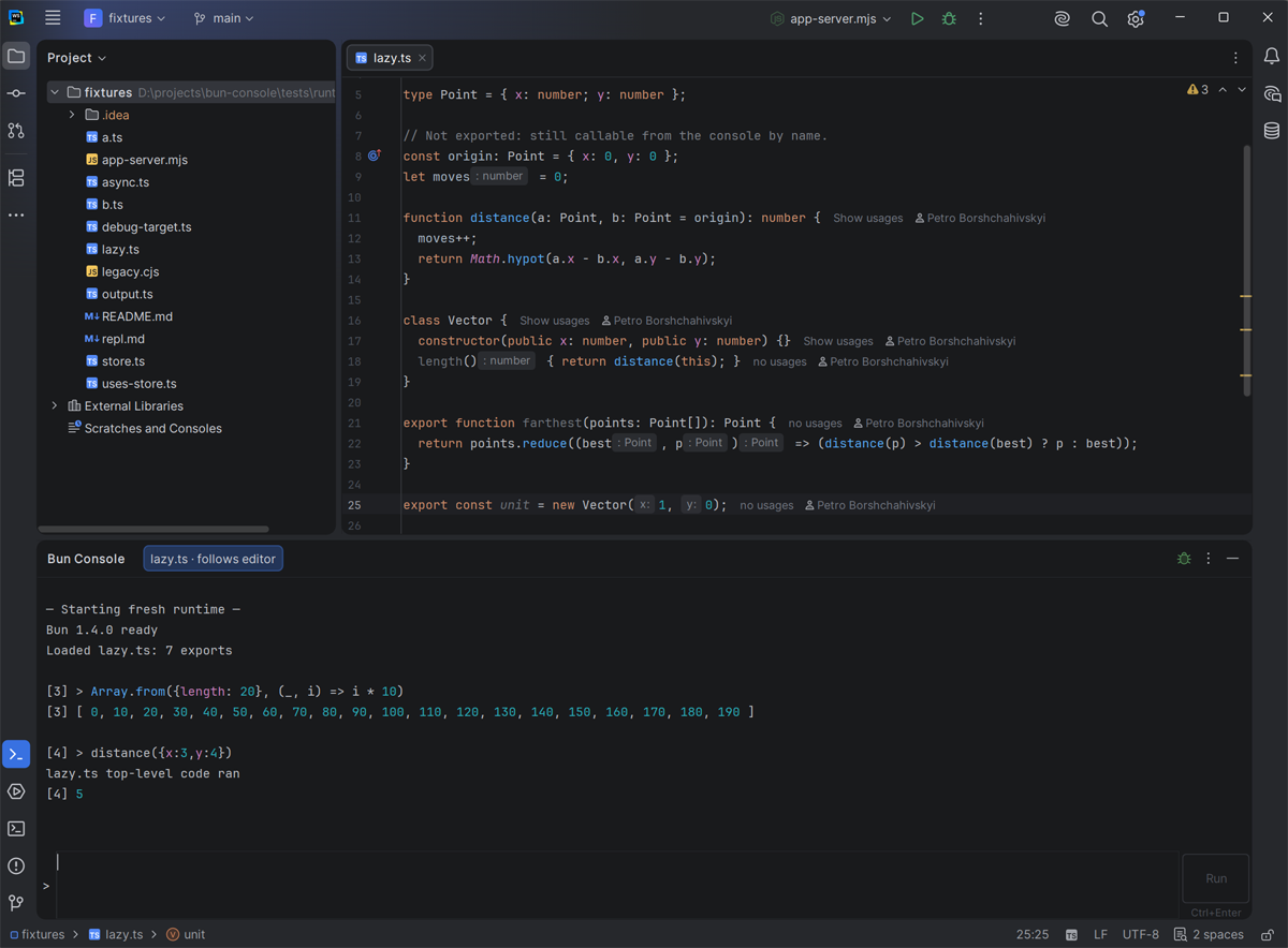 Bun Console in WebStorm: calling functions of the open TypeScript file
